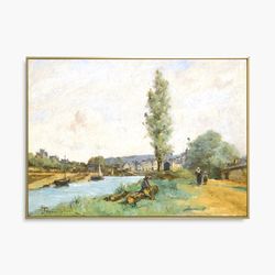 vintage landscape river art print, riverside oil painting, farmhouse decor, countryside painting