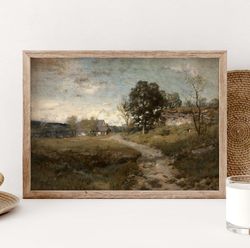 vintage country landscape poster, landscape print, country house painting, country field wall art poster, village landsc