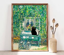 Gustav Klimt Forester's House Cat Poster, Black Cat Print, Cat Art, Floral Print, Funny Cat print, Funny gift, Cat in th