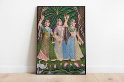 Indian Gopi Painting, Living Room decor, Vintage Indian Folk Art Poster, Wall Art, Digital Download