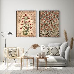 Indian Vintage Floral Art Set, Folk Prints, Mughal Living Room decor, Gallery wall set, Poster Bundle