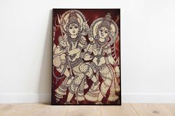 Indian Kalamkari Painting, Shiva and Parvathi Vintage Indian Art Poster, Living Room decor, Wall Art, Digital Download
