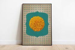 Indian Modern Mixed Media Digital Art, Marigold Print, Living Room decor, Indian Vintage, Rajasthani Painting, Poster, W