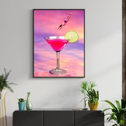 Retro Cocktail Collage Print, Colorful Vintage Surrealism Art, Bar Cart Trendy Wall Art, Dorm Room Decor, Digital Downlo