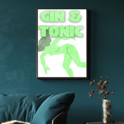 gin & tonic cocktail poster, bar cart art print, retro cocktail print, cocktail wall art, bar cart poster, digital downl