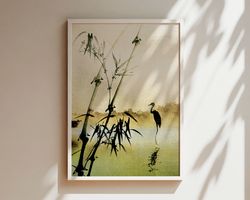 Vintage Japanese Wall Art Print, Retro Home Decor, Oriental Wall Hanging, Japanese Crane Inspired Unique Gift, Green Lan