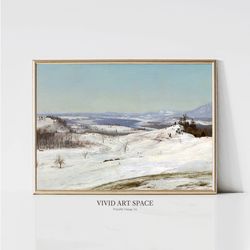 view in the snow  vintage winter landscape painting  snowy mountain valley print  printable wall art  digital download