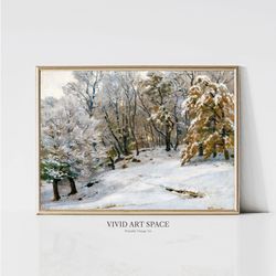 a winter's day  vintage landscape painting  winter wall art  snowy pine tree print  farmhouse printable wall art  digita