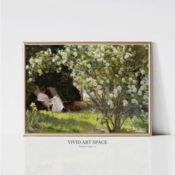 french garden  country art print  vintage landscape painting  victorian woman reading poster  printable wall art  digita