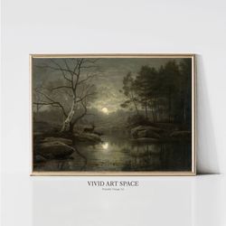 forest landscape by moonlight  dark vintage landscape painting print  dark academia art print  printable wall art  digit