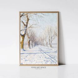 a sunny winters day (vertical)  vintage winter landscape painting  snowy rustic country poster  printable wall art  digi