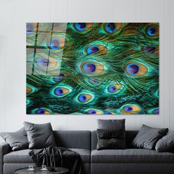 Colorful Peacock Feather Glass Art, Feather Printed, Animal Canvas Art, Animal Glass Panel, Living Room Wall Art, Temper