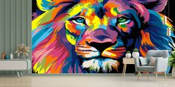 Decor For Wall, Custom Wall Paper, 3D Wall Art, Gift Wallpaper, Colorful Lion Wall Print, Abstract Lion Wall Poster, Ani