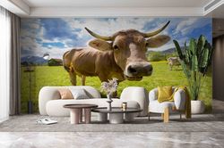Cattle Head Wallpaper, Cow Wall Decor, Farmhouse Wall Art, Removable Wall Paper, Funny Animal Wallpaper, Custom Wall Pap