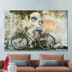 Children On Bike Art, Graffiti Wall Decor, Bicycle Wall Art, Modern Artwork, Gift For Him, 3D Canvas, Tempered Glass, Ch