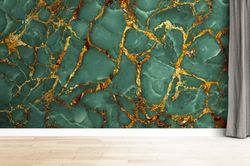 custom wall paper, marble wall mural, wallpaper art, marble wallpaper, gift for house, green and gold marble wallpaper,