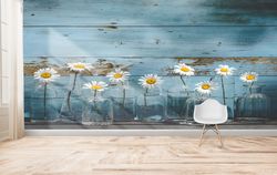 Custom Wall Paper, Wallpaper Art, Wall Decorations, Gift For Her, Daisy Flower In Glass Bottles Wall Paper, Daisy Lover