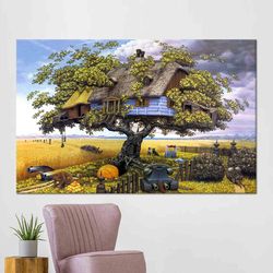 Fantasy Tree Printed, Surreal Wall Decor, Childhood Dream Art, Tempered Glass, Framed Wall Art, Canvas Art, 3D Art, Chil
