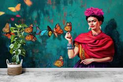 Decals For Walls, Abstract Mural, Paper Wall Art, Wall Poster, Famous Wallpaper, Frida With Butterflies Wall Mural, Frid