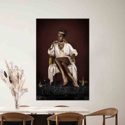 black queen on throne art, african wall decor, gold printed, glass art, canvas wall art, framed wall art, personalized g