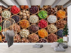 Colorful Foods Wallpaper, Nuts Wall Print, Spices Mural, Fruits Wallpaper, Kitchen Wall Decor, Modern Paper Art, Gift Fo