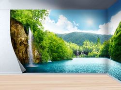 forest wall paper, landscape wall art, wall print, wall deco, wall decals murals, waterfall in deep forest wall mural, f