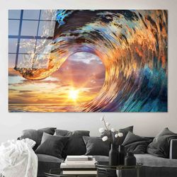 Crest Glass Panel, Coastal Decor, Glass Printing, Sunset Light in Wave Art Crest Shape Wall Art, Crest Landscape Poster,