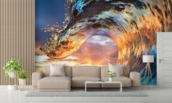 crest wallpaper, art deco wallpaper, wall art decor, landscape wallpaper, sunset light in wave art crest shape wall deco