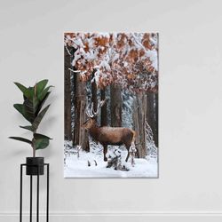 Deer In The Forest Wall Decor, Animal Wall Art, Winter Scene Art, Snow Landscape Art, Glass Art, 3D Canvas Art, Framed W