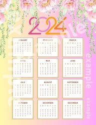 Flower calendar 2024. Big calendar digital.  Calendar with flowers. Calendar for women