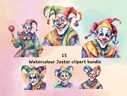 Watercolour Jester clipart bundle, medieval clipart, clown png, fantasy clipart, junk journal, scrap book,