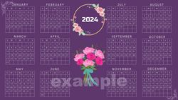 Purple calendar for 2024. Calendar colorful. Monthly calendar.