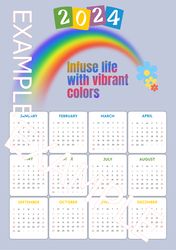 Calendar with a rainbow, Wall calendar 2024,  Classroom calendar,  Printable calendar, Motivational calendar