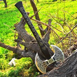 Custom Handmade Carbon Steel axe Medieval Warrior axe Large Decorative Double Headed axe War Battle. WANGI Wood handle