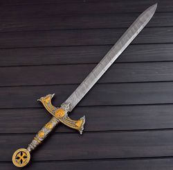 Handmade Templar Knights Sacred Holy Longsword Ornate Full Length Steel Sword| Medieval Sword With Leather Sheath| Cerem