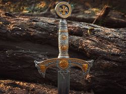 Handmade Templar Knights Sacred Holy Longs word Ornate Full Length Steel Sword | Medieval Sword With Leather Sheath| Cer