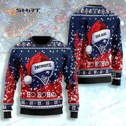 New England Patriot Symbol Wearing Santa Claus Hat Ho Ho Ho Ugly Christmas Sweater