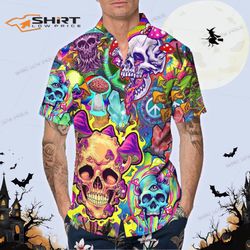Colorful Mushroom Psychedelic Trippy Skull 3D All Over Printed Hawaiian Shirt