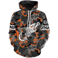 fish hook skull orange camo fish reaper hoodie 3d, personalized all over print hoodie 3d