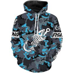 fish hook skull blue camo fish reaper hoodie 3d, personalized all over print hoodie 3d