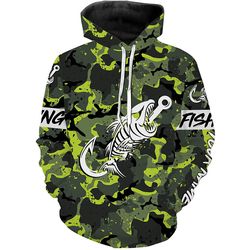 fish hook skull green camo fish reaper hoodie 3d, personalized all over print hoodie 3d