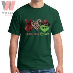 Cute Christmas Grinch Face Peace Love And Grinch Leopard And Caro Pattern T Shirt