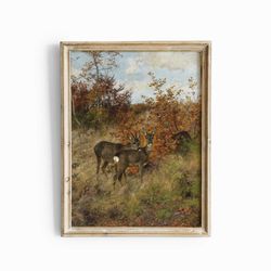 vintage fall animal landscape print, deer with autumn leaves fine art print