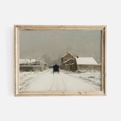 winter day village landscape scene, vintage muted wall art, european winter landscape