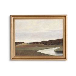 river landscape art print, summer muted landscape, country farmhouse, vintage mailed art