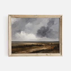 vintage landscape with cloudy sky, dark moody antique landscape print, sun effect on the plain