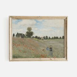 summer poppy field landscape print, vintage muted flower landscape painting, printed and shipped art print