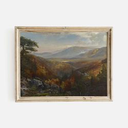 valley landscape painting print, mountain and trees, autumn landscape wall art, rustic antique oil painting