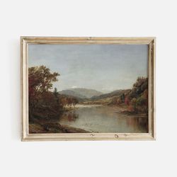 vintage autumn mountain and river landscape oil painting, print of antique moody and rustic landscape painting