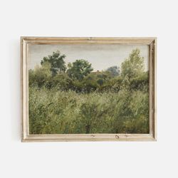 field of oats vintage oil painting, country field landscape print, green scenery print, minimalist landscape painting